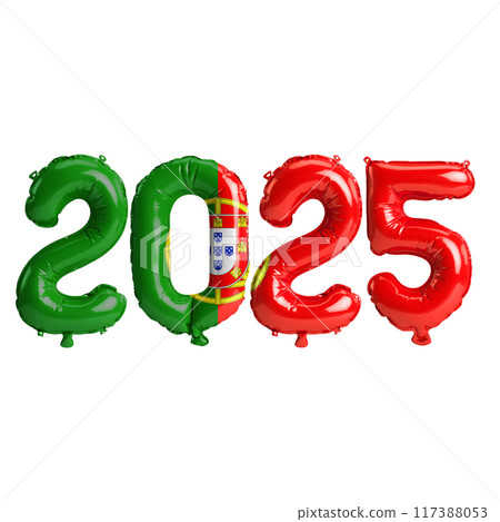 3D illustration of new year 2025 balloons on Portugal flag color, isolated on transparent background 117388053