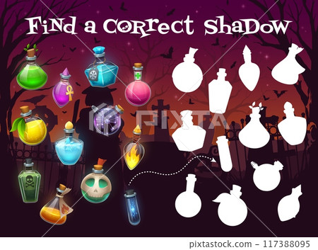 Halloween kids game, find correct shadow of magic potion bottle, vector puzzle worksheet. Find and match same silhouettes of witch poison, liquid spell or magic elixir in bottles in Halloween cemetery 117388095