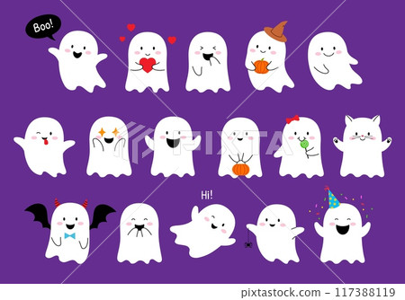 Cartoon Halloween kawaii ghosts characters. Cute Halloween monsters vector personages with pumpkins, witch hat, cat face and hearts, Dracula vampire bat wings, devil horns and trick or treat candy 117388119