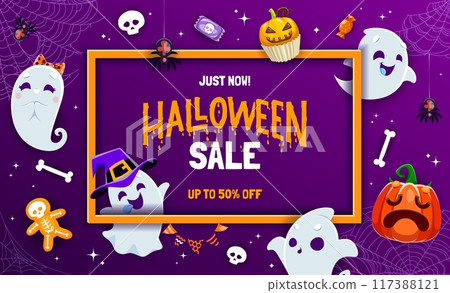 Halloween sale banner with holiday sweets, frame and cute kawaii ghost characters, vector background. Halloween 50 percent discount or sale promotion with funny boo ghosts, pumpkin cupcake and skull Halloween sale banner with holiday sweets, frame and cute kawaii ghost characters, vector background. Halloween 50 percent discount or sale promotion with funny boo ghosts, pumpkin cupcake and skull 117388121