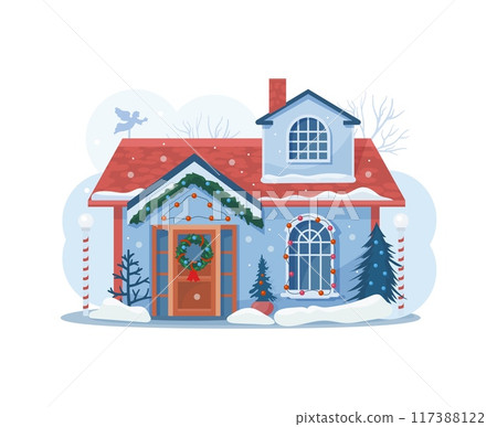 Christmas winter house facade exterior. Snow blankets the charming xmas home, adorned with twinkling lights and festive decorations, evoking warmth and holiday cheer against the serene wintry backdrop 117388122
