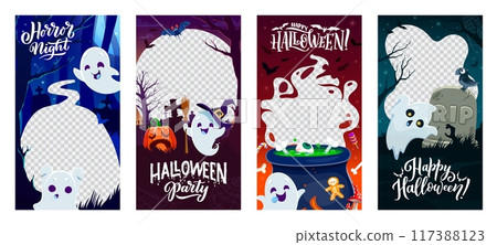 Halloween social media frame templates. Spooky layouts featuring adorable ghosts. Vector set of vertical borders, capture eerie moments in a cute and festive style that adds a ghostly charm to posts 117388123