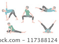 Illustration set of an elderly woman stretching her adductor muscles, such as leg opening: muscle training, sarcopenia prevention, elderly people Illustration set of an elderly woman stretching her adductor muscles, such as leg opening: muscle training, sarcopenia prevention, elderly people 117388124