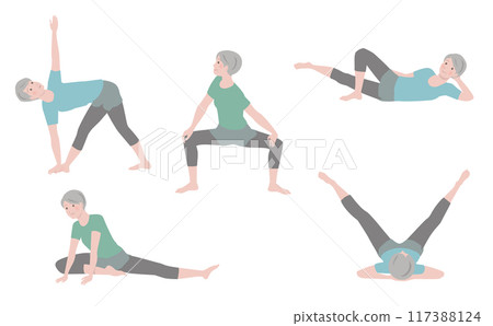 一位老年婦女伸展內收肌（如腿部節奏）的插圖集：肌肉訓練、肌少症預防、老年人 117388124