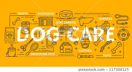 Dog pet care banner, grooming supplies and toys or food snacks in vector line icons. Dog pet care, leash and harness collar with clothes, doghouse and carrier bag with pillow bed and grooming brush 117388125