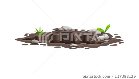 Ground hole, deep dirty pit and burrow in soil or mud surface. Isolated cartoon vector muddy crevice with rocks and greenery. Environmental natural gap on the lawn, meadow, farm, forest or garden Ground hole, deep dirty pit and burrow in soil or mud surface. Isolated cartoon vector muddy crevice with rocks and greenery. Environmental natural gap on the lawn, meadow, farm, forest or garden 117388129