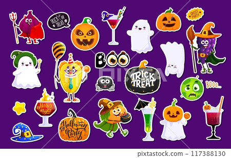 Halloween stickers with scary and funny emoji characters. Vector patches set, devil figs, witch grapes, jack lantern pumpkin face, cute kawaii ghosts, spider, cocktail glass, eerie clown or wizard hat Halloween stickers with scary and funny emoji characters. Vector patches set, devil figs, witch grapes, jack lantern pumpkin face, cute kawaii ghosts, spider, cocktail glass, eerie clown or wizard hat 117388130
