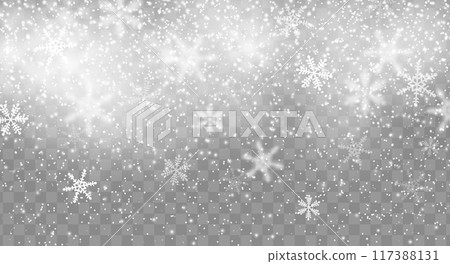 Realistic Christmas snowflakes and holiday snow background with transparent overlay, vector effect. Winter snow flakes or snowfall background with realistic falling snowflakes and snowy wind layers 117388131