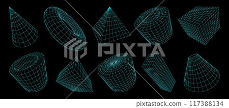3d grid shapes, wireframe geometric figures. Vector set of three-dimensional futuristic forms such as cones, spheres, pyramids, cubes, cylinders or torus and abstract twisted digital meshed structures 117388134