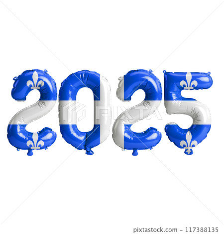 3D illustration of new year 2025 balloons on Quebec flag color, isolated on transparent background 117388135
