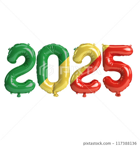 3D illustration of new year 2025 balloons on Republic of the Congo flag color, isolated on transparent background 117388136