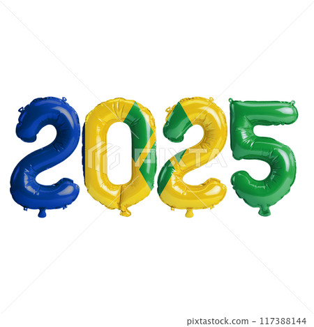 3D illustration of new year 2025 balloons on Saint Vincent and the Grenadines flag color, isolated on transparent background 117388144