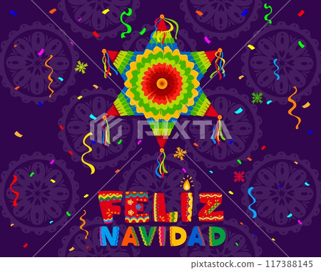 Hispanic Christmas feliz navidad posada banner with pinata, falling confetti, traditional Mexican pattern and festive colorful typography. Cartoon vector greeting card, capturing joy of holiday season 117388145