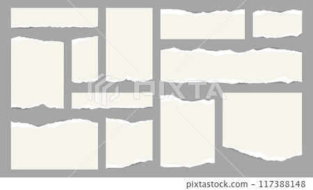 White torn paper notes with ripped edges and corners, vector page scraps. Torn paper strips, cut shreds and cracks of sheet pieces, paper wisp fragments with crumpled edges for memo note frames White torn paper notes with ripped edges and corners, vector page scraps. Torn paper strips, cut shreds and cracks of sheet pieces, paper wisp fragments with crumpled edges for memo note frames 117388148