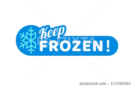 Blue frozen cold product icon. Isolated vector sticker, features snowflake or frost symbol and keep frozen type. Label for refrigerated food production r packages or frosty cold preservation items Blue frozen cold product icon. Isolated vector sticker, features snowflake or frost symbol and keep frozen type. Label for refrigerated food production r packages or frosty cold preservation items 117388162