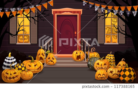 Halloween decorated door porch with pennant garlands, scary patterned pumpkins and spooky silhouettes of vector skeleton and skull. Halloween trick or treat horror night holiday house decor with flags 117388165
