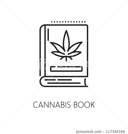 Cannabis book line icon. CBD and marijuana, weed extract symbol. Medical cannabis shop thin line sign, natural marijuana farm or medicine CBD drug linear vector icon or pictogram with book 117388166