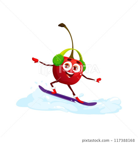 Cartoon Christmas cherry berry character joyfully snowboards down snowy slopes. Isolated vector funny fruity personage adorned in earflaps, spreading fruity cheer with each downhill adventure Cartoon Christmas cherry berry character joyfully snowboards down snowy slopes. Isolated vector funny fruity personage adorned in earflaps, spreading fruity cheer with each downhill adventure 117388168