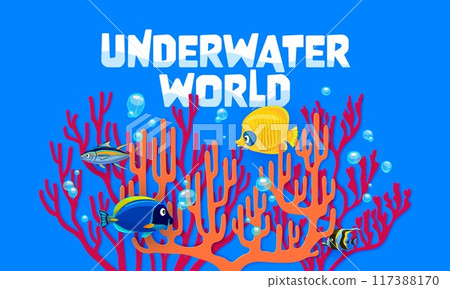 Sea paper cut corals and tropical fish, vector underwater marine life background. Ocean coral reef deep water animals and plants 3d papercut silhouettes. Bright color tropical fish shoal and bubbles 117388170