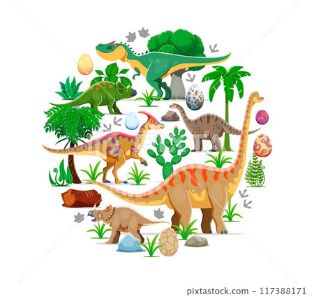 Prehistoric dinosaurs, round banner of vector jurassic dino animals, prehistoric reptile eggs, footprints, forest trees and plants. Cute cartoon brachiosaurus, allosaurus and centrosaurus dinosaurs 117388171