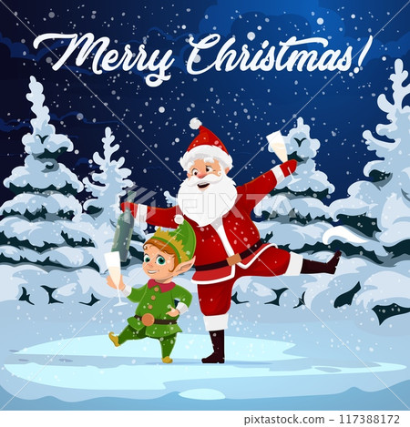 Cartoon Christmas Santa and elf with glasses of champagne wine and bottle. Drunk Santa Claus and Xmas helper vector characters dancing with alcohol drink at Christmas holiday party in winter forest 117388172
