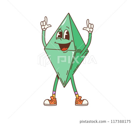 Groovy math geometric rhombus figure. Isolated cartoon vector playful triangular dipyramid character with a green color, joyful face expression and raised arms. Educational personage for children book 117388175