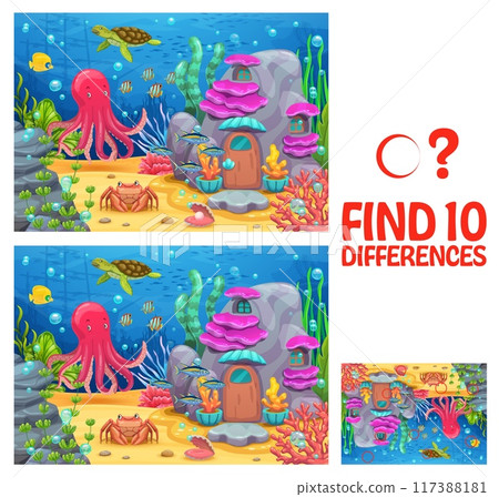 Find ten differences in underwater landscape with sea animals and ocean fishes, vector puzzle worksheet. Cartoon ocean characters of coral reef, octopus and turtle for kid game to find ten differences 117388181