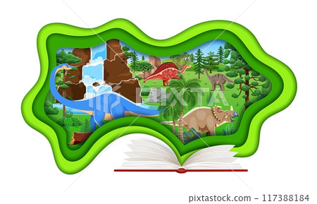 Prehistoric dinosaurs in opened book, paper cut education banner. Vector dakosaurus, centrosaurus, ouranosaurus and vulcanodon dino animals in jungle forest. Cartoon dinosaurs in 3d papercut frame Prehistoric dinosaurs in opened book, paper cut education banner. Vector dakosaurus, centrosaurus, ouranosaurus and vulcanodon dino animals in jungle forest. Cartoon dinosaurs in 3d papercut frame 117388184