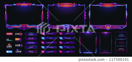 Neon overlay game screen and panel interface frames, vector GUI buttons and controls. Online live stream game interface of neon bars with gamer names and UI information signs, chat and menu options 117388191