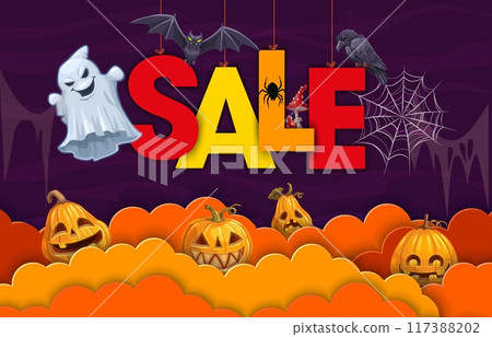 Halloween paper cut sale banner with cartoon horror pumpkins, ghost, bat and spider cobweb. Vector Halloween holiday sale special offer card of trick or treat scary monsters with papercut clouds 117388202