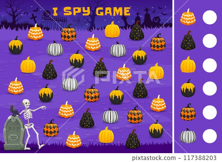 Halloween I spy kids game with patterned pumpkins on cemetery, vector puzzle worksheet. Find and match correct object picture of witch pumpkins in Halloween horror night cemetery with RIP tombstones Halloween I spy kids game with patterned pumpkins on cemetery, vector puzzle worksheet. Find and match correct object picture of witch pumpkins in Halloween horror night cemetery with RIP tombstones 117388203