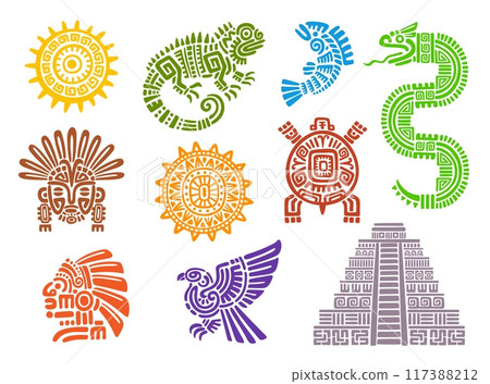Mayan aztec totems. Mexican, inca or maya ancient civilization tribal symbols and tattoos of sun, mythology birds and animals. Eagle, turtle, god mask, lizard and pyramid, idol head, fish and snake 117388212