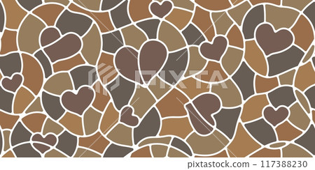 Brown mosaic stone splinter tile pattern, paving floor background. Vector backdrop with heart shapes and swirls with intricate curving patterns, mimicking natural whirl of pebbles, rocks or cobbles Brown mosaic stone splinter tile pattern, paving floor background. Vector backdrop with heart shapes and swirls with intricate curving patterns, mimicking natural whirl of pebbles, rocks or cobbles 117388230
