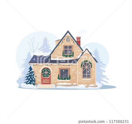 Christmas winter house facade exterior with snow trees. Vector scene of Xmas holiday town or village street with two storey building, festive door wreath, garlands and lights, snowy roof and chimney 117388231