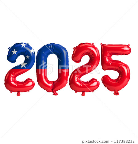 3D illustration of new year 2025 balloons on Samoa flag color, isolated on transparent background 117388232