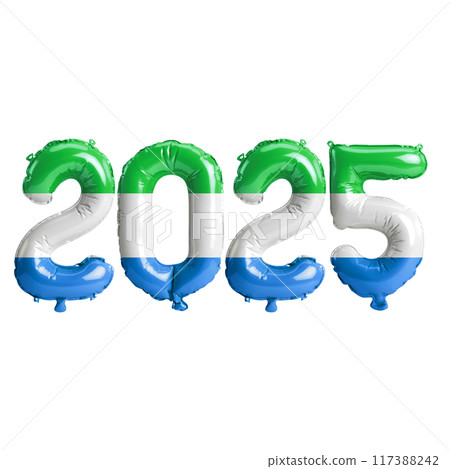 3D illustration of new year 2025 balloons on Sierra Leone flag color, isolated on transparent background 3D illustration of new year 2025 balloons on Sierra Leone flag color, isolated on transparent background 117388242
