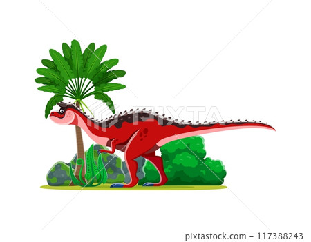 Carnotaurus cartoon prehistoric dinosaur. Vibrant red dino with black spots and spikes on its back, standing beside tropical plants and rocks in a landscape with lush green foliage and a palm tree 117388243