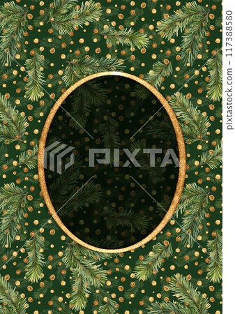 Christmas holiday greeting card or covers with fir tree branches. Frame with place for text and gold glitter 117388580