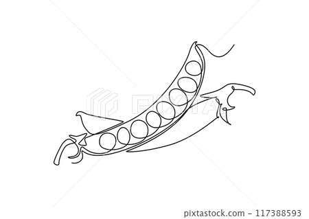 Single continuous line drawing of whole healthy organic green pea for cooking logo identity. Fresh small spherical seed concept vegetable icon. Dynamic one line draw graphic design vector illustration Single continuous line drawing of whole healthy organic green pea for cooking logo identity. Fresh small spherical seed concept vegetable icon. Dynamic one line draw graphic design vector illustration 117388593