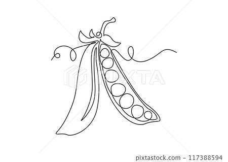 Continuous one line drawing of whole healthy organic green pea for harvesting logo identity. Fresh seed pod of pisum sativum concept vegetable icon. Single line draw design vector graphic illustration 117388594