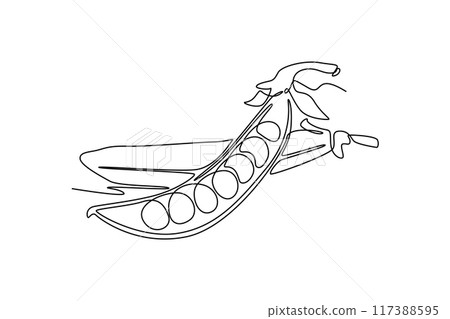 Single continuous line drawing whole healthy organic green pea for farm logo identity. Fresh seed pod of pisum sativum concept vegetable icon. Dynamic one line draw graphic design vector illustration 117388595
