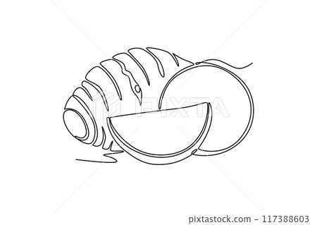 Single one line drawing of whole healthy organic taro for groceries logo identity. Fresh tropical plant edible corm concept root vegetable icon. Continuous line draw design graphic vector illustration Single one line drawing of whole healthy organic taro for groceries logo identity. Fresh tropical plant edible corm concept root vegetable icon. Continuous line draw design graphic vector illustration 117388603