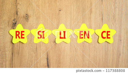 Resilience symbol. Concept word Resilience on beautiful yellow paper stars. Beautiful wooden background. Business resilience concept. Copy space. 117388808