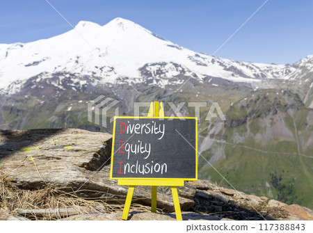 DEI diversity equity and inclusion symbol. Concept words DEI diversity equity inclusion on blackboard. Beautiful Elbrus background. Business DEI diversity equity and inclusion concept. Copy space. 117388843