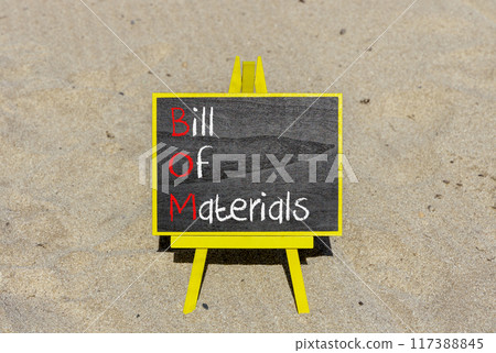 BOM bill of materials symbol. Concept words BOM bill of materials on beautiful black chalk blackboard. Beautiful sand beach background. Business and BOM bill of materials concept. Copy space. BOM bill of materials symbol. Concept words BOM bill of materials on beautiful black chalk blackboard. Beautiful sand beach background. Business and BOM bill of materials concept. Copy space. 117388845