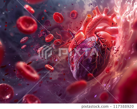 Illustration of a heart attack showing blocked arteries, blood clots, and heart muscle damage, 117388920