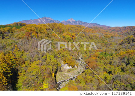 Autumn view of Yatsugatake from Yatsugatake Kogen Bridge Autumn view of Yatsugatake from Yatsugatake Kogen Bridge 117389141