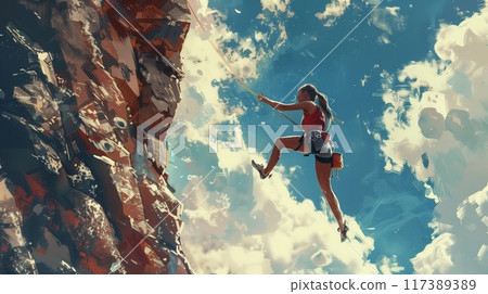 The girl is a rock climber. Climbing lessons. 117389389