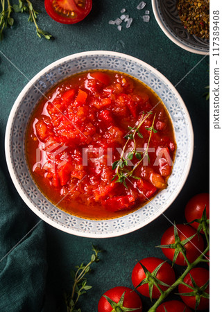 Traditional Italian tomato gazpacho soup 117389408