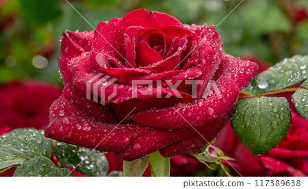 red rose flower wet in the rain 117389638